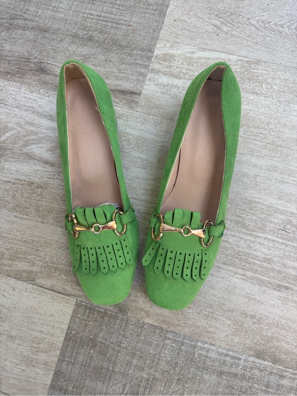 Green Suede Fringe Loafers with Gold Bit Detail